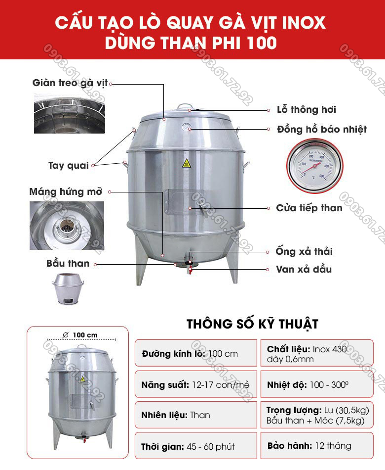l&ograve; quay vịt inox đa năng lồng 100cm d&ugrave;ng than