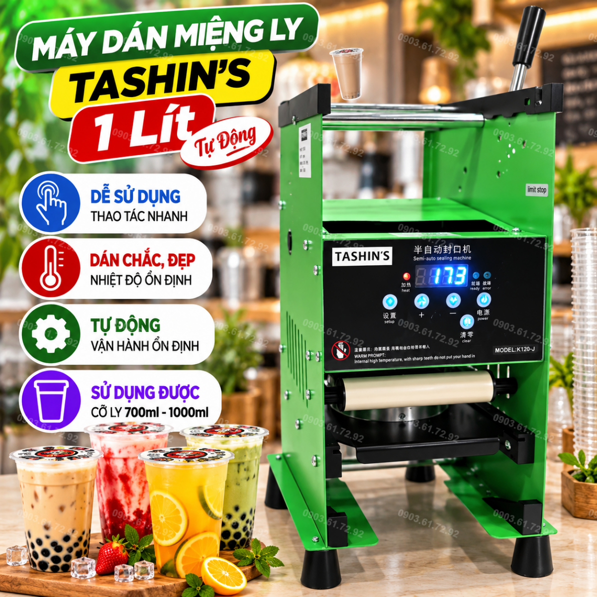 m&aacute;y d&aacute;n miệng ly nhựa dập tay K120-J