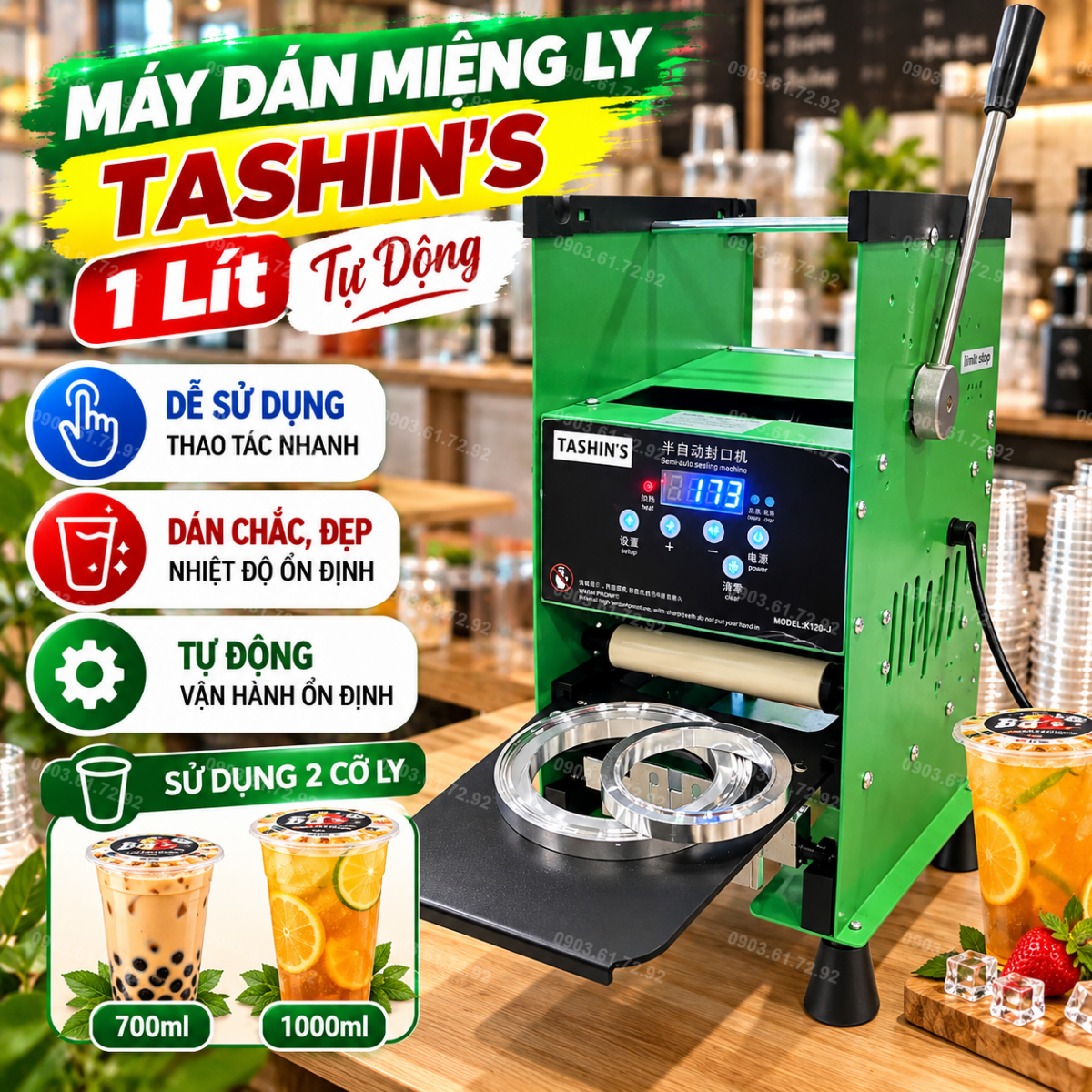 m&aacute;y d&aacute;n miệng ly nhựa dập tay K120-J